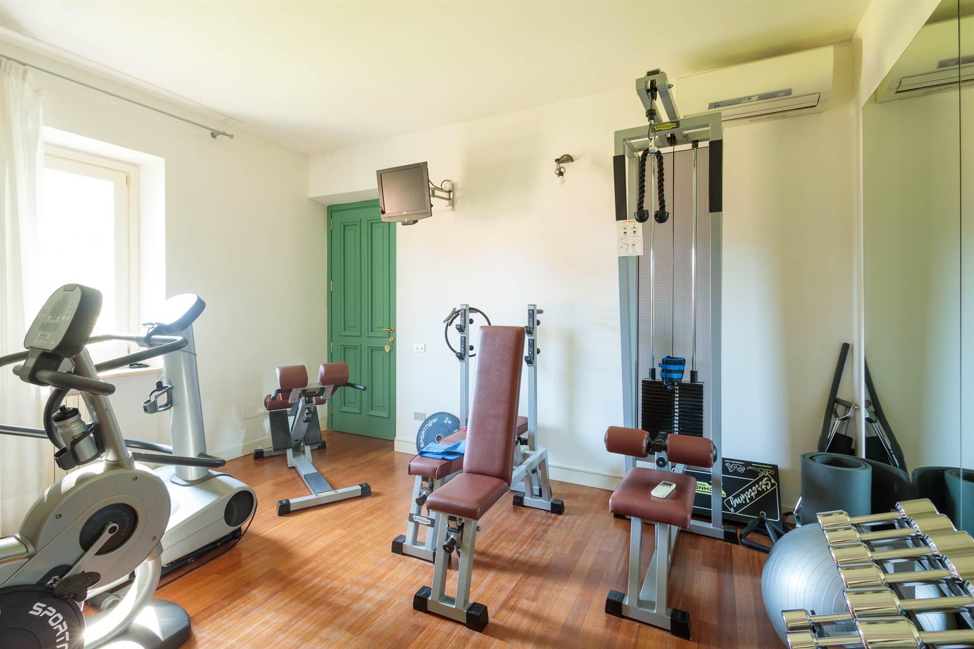 Palestra privata della villa con attrezzi professionali, cyclette e pavimento in legno